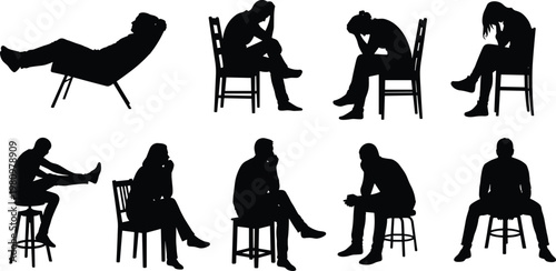 Collection of black silhouettes featuring men and women sitting in various poses on chairs and stools showing relaxation thinking and sadness on white background