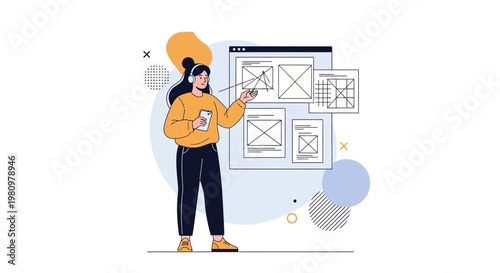 Woman designer planning website wireframes on digital screen, ux ui design concept