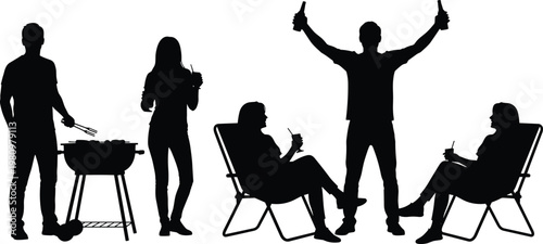 Collection of black silhouettes featuring group of people enjoying backyard barbecue party with grilling food drinking and relaxing in chairs on white background