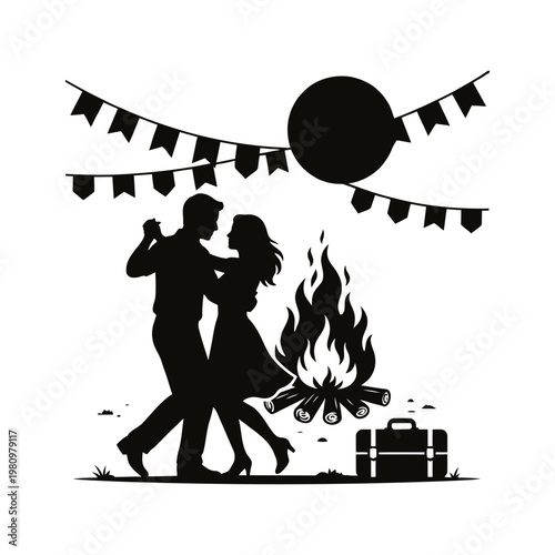 Silhouette couple dancing near church at moonlit festival