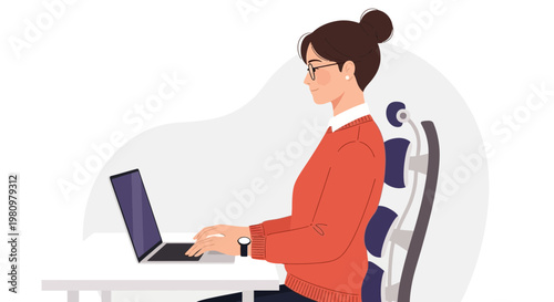 Woman working on laptop with good posture at desk, ergonomic chair, office work