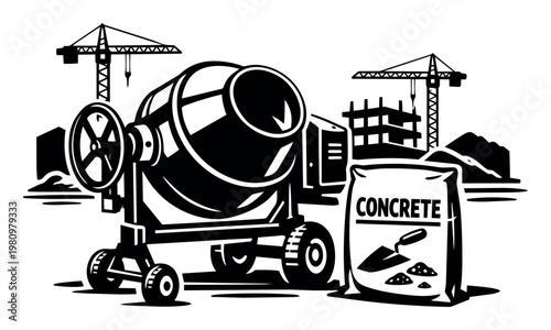 Construction scene depicting a cement mixer, concrete bag, tools, and cranes building structures, symbolizing development and the construction industry