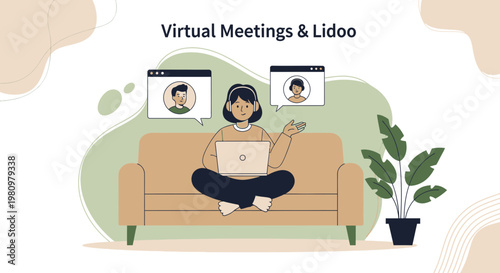 Woman working remotely on laptop, attending virtual meeting on couch with plant and abstract shapes