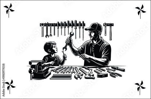 Vintage illustration of a hardware store with tools and customers