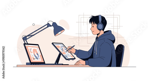 Young artist with headphones designing on tablet and laptop at desk