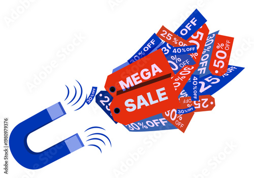 Retail mega sale promotion concept with magnetic force pulling percent off deal tags flat design illustration on white background