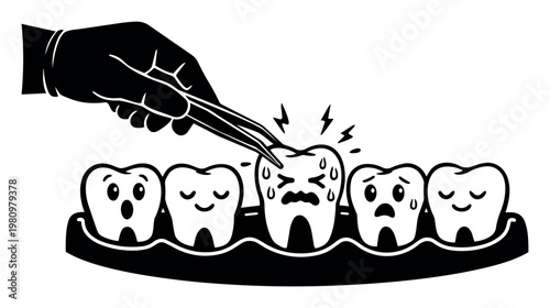 Dental professional extracting a suffering tooth with tweezers, surrounded by other teeth with various expressions, depicting dentistry and treatment