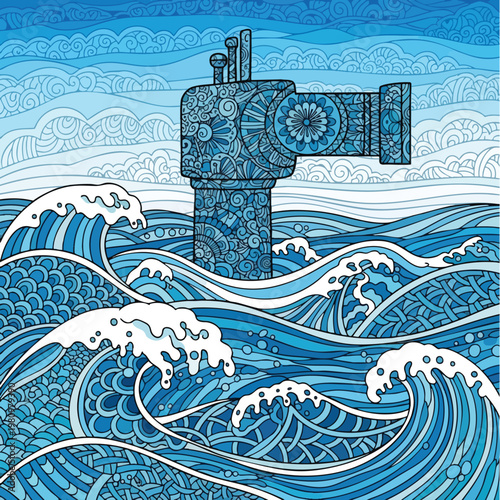 Creative Illustration of a Sewing Machine Surrounded by Dynamic Ocean Waves