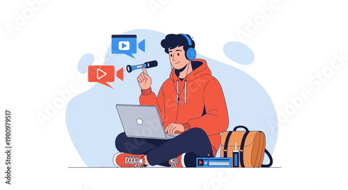 Young man creating video content with laptop, microphone, and headphones
