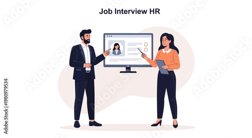 Job Interview HR: Man and Woman Discussing Candidate Profile on Screen