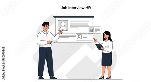 Job Interview HR: Man and Woman Discussing Candidate Profiles on Whiteboard