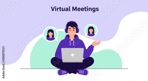 Young man in headphones attending virtual meeting on laptop, remote work concept