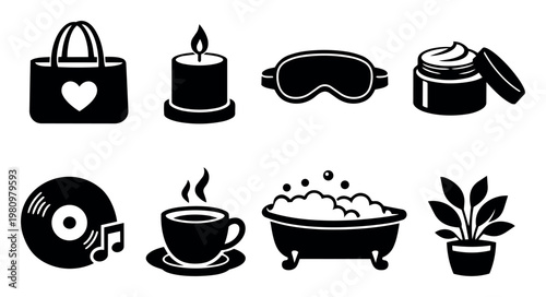 Self-care activity icons including a bag, candle, sleep mask, cream jar, music record, coffee, bubble bath, and houseplant