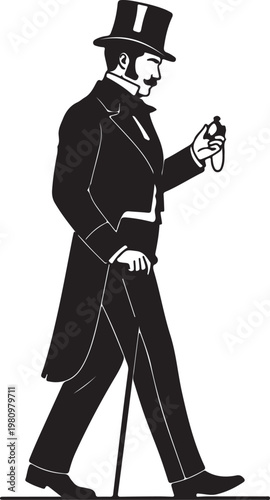 A stylish gentleman from the 1800s, dressed in a top hat, tailcoat, and holding a pocket watch and cane, walks with elegance.