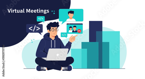 Young man in hoodie attending virtual meeting on laptop with video calls and code symbols