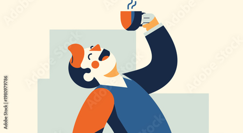 Man enjoying a hot coffee break, modern flat illustration, office lifestyle