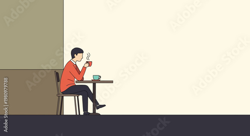 Man drinking coffee at a cafe table with steam rising from cup, minimalist illustration