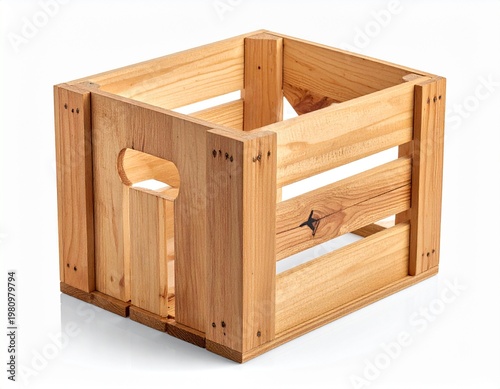 Wooden crate box with dimensions illustration, natural storage container isolated on white background, simple rustic furniture concept