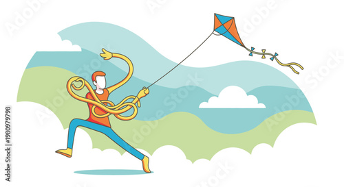Man flying kite, joy and freedom on a sunny day, cartoon illustration