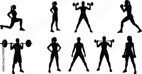 Collection of black silhouettes featuring active men and women performing weightlifting bodybuilding and fitness exercises with dumbbells and barbells isolated on white background