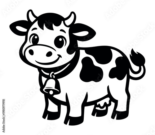 Cartoon cow standing and smiling, featuring a bell around neck and udder, ideal for children's designs and farm themes