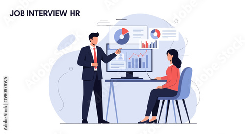 Job Interview HR: Man Presents Data Charts to Woman Candidate