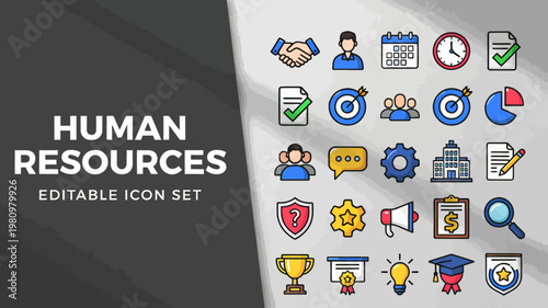 A lively collection of multicolor flat human resources icons is presented on a dynamic dark grey background.
