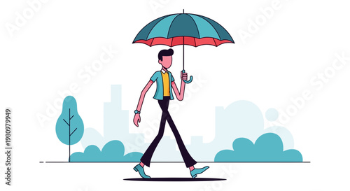 Man walking with umbrella, city background, cartoon style