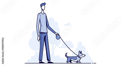 Man walking dog on leash in park, illustration, simple flat style