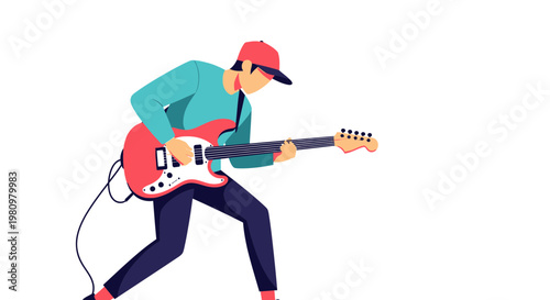 Musician playing electric guitar, dynamic pose, flat illustration style, white background