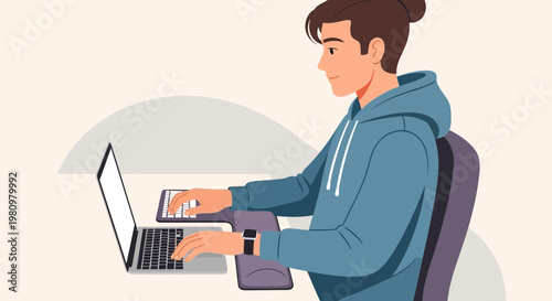 Young man typing on laptop and keyboard, focused on work or study