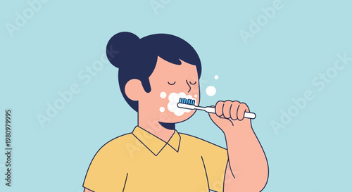 Person brushing teeth with toothbrush and toothpaste, clean mouth hygiene