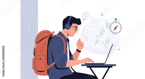Young man with backpack using laptop and headphones, planning trip with map and compass