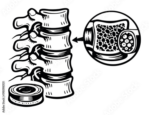 Spinal column diagram illustrating a healthy bone structure versus a bone affected by osteoporosis, depicting bone density loss