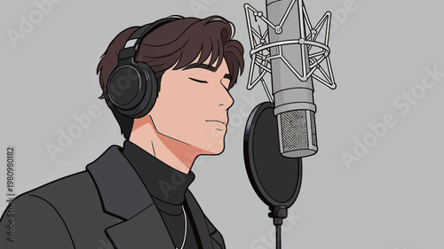 Young Man Singing in Professional Recording Studio