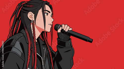 Young Singer with Red Braids Performing with Mic