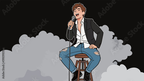 Male singer performing on stage with stool
