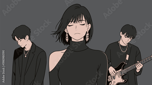 Stylish Band Members in Black Outfit Illustration