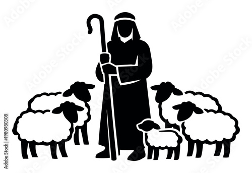 Silhouette of a shepherd holding a staff, surrounded by a herd of sheep, symbolizing ideas of guidance, safeguarding, and nurturing