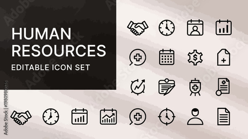 A modern human resources editable icon set in a crisp black outline style is displayed.