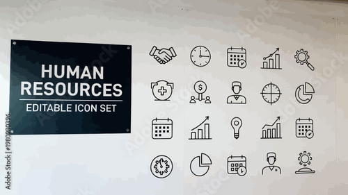 A clean human resources editable icon set in a black outline style is presented on a white wall.