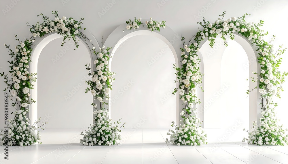 Fototapeta premium A pristine white arched backdrop adorned with delicate white roses and lush greenery, providing an elegant, natural, and inviting ambiance