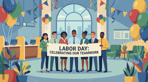 Diverse business team celebrating Labor Day in decorated office