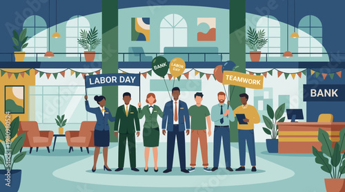 Diverse Bank Employees Celebrating Labor Day with Banners and Balloons