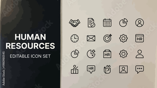 A black and white human resources icon set is clearly presented on a clean white background.