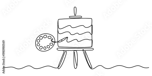 Continuous line drawing of an artist's easel with a canvas, palette, and paint brush on white background. Vector, illustration
