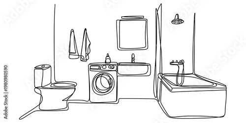 Continuous one line drawing of a modern bathroom with toilet, washing machine, sink and bathtub. Vector, illustration