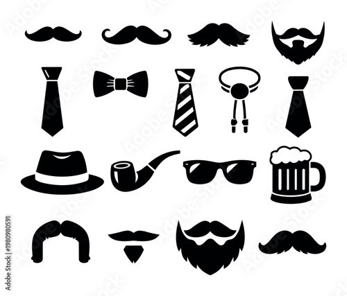 Set of men's style and accessories creating a gentleman's fashion concept, showing various mustaches, beards, ties, and hats