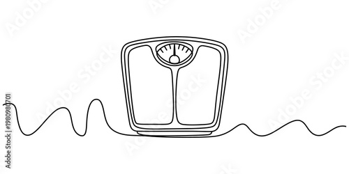Continuous line drawing of a bathroom weight scale for healthy lifestyle and fitness concepts. Vector, illustration