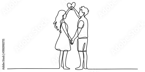 Continuous line drawing of a young couple holding hands and forming a heart shape together. Vector, illustration